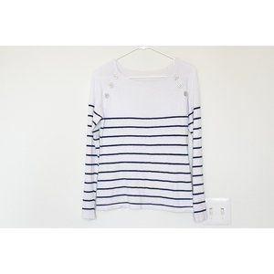 White Blue Stripped Nautical Buttons Sweater M